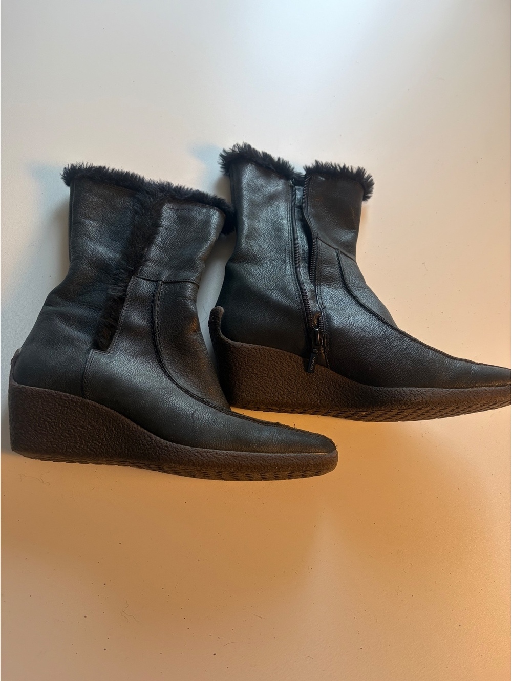 Geox Black Leather Fur-Lined Wedge Ankle Boots - Picture 2 of 9